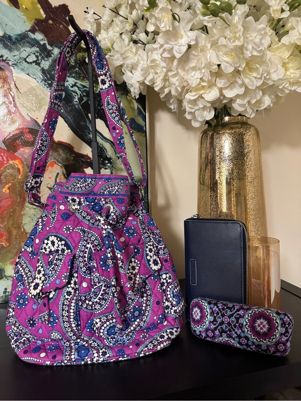 Vera Bradley Purple Paisley Shoulder Bag,Navy blue Wallet & Paisley case